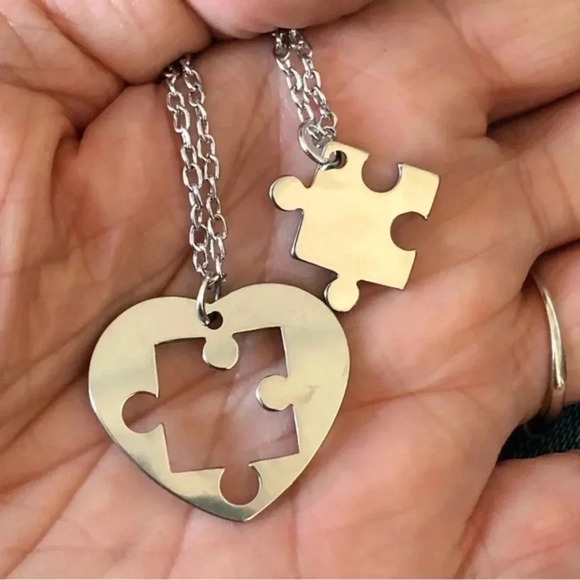 Pair of Autism Awareness Puzzle Piece Stainless Steel Necklace New New - Picture 2 of 4
